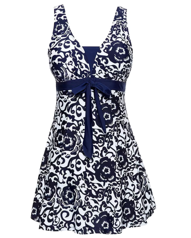 Navy floral dress with a white background