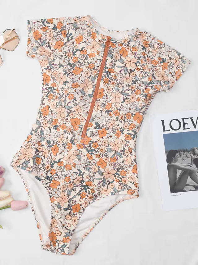 Floral patterned swimsuit on a white background
