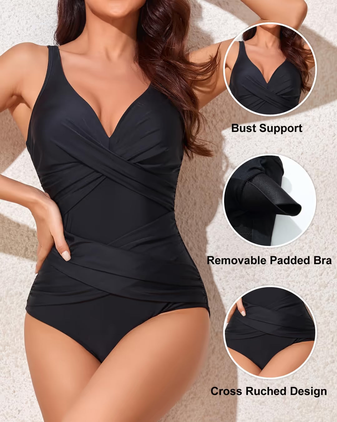Black swimsuit with bust support, removable padded bra, and cross ruched design on a neutral background.