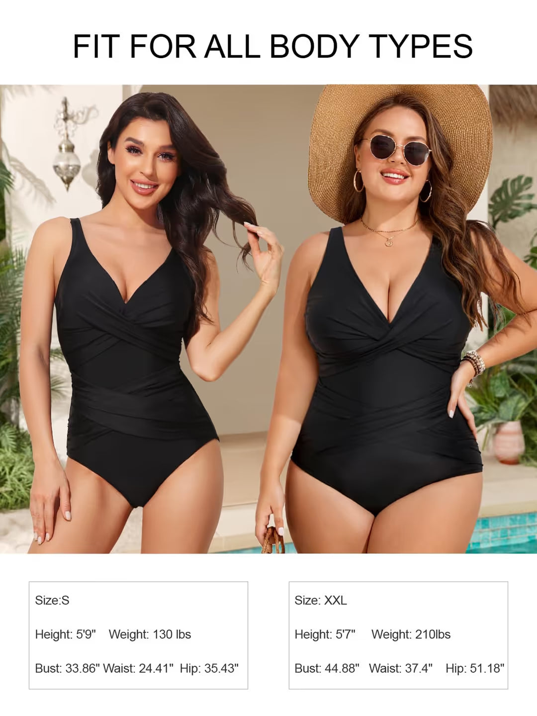Two women wearing black swimsuits with size and body measurement information displayed.