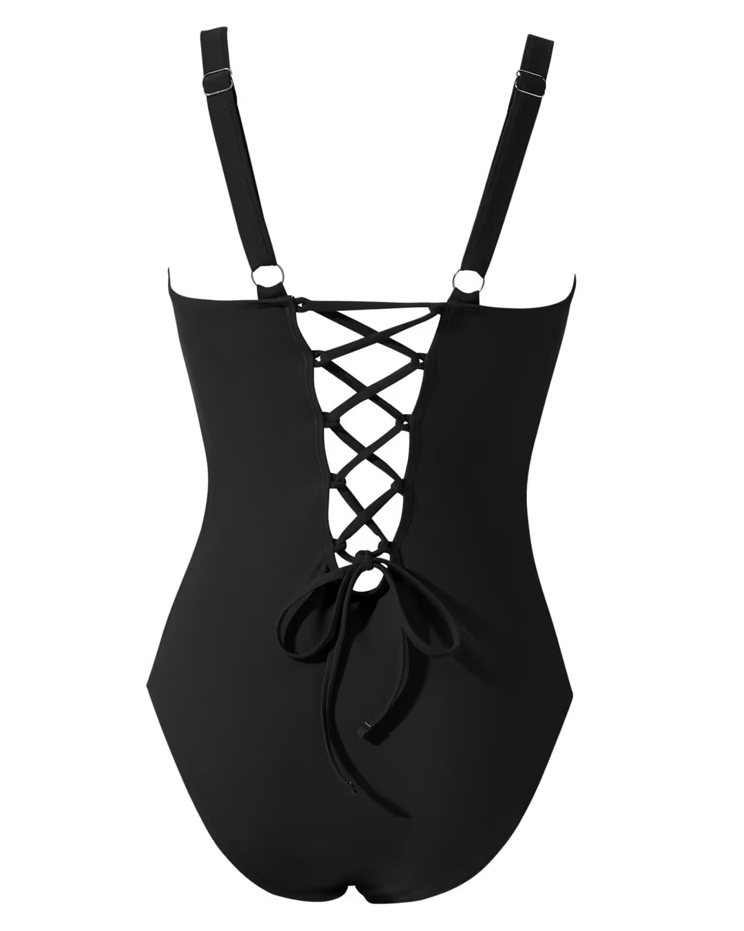 Black swimsuit with lace-up front and suspenders on a white background