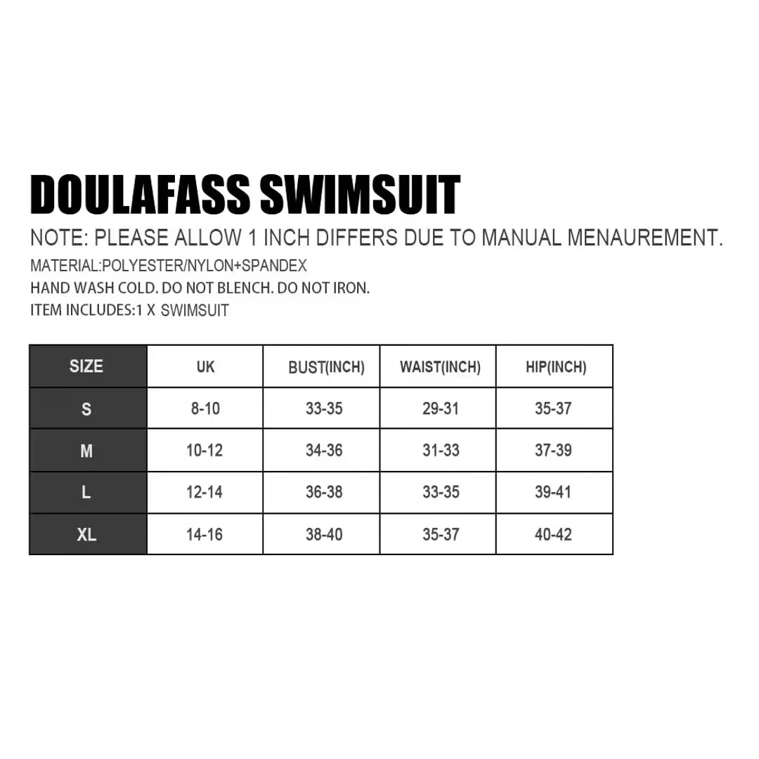 Doulafass swimsuit size chart on a white background