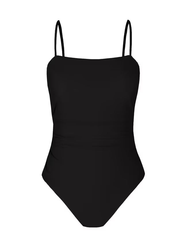 Black one-piece swimsuit with thin straps on a white background