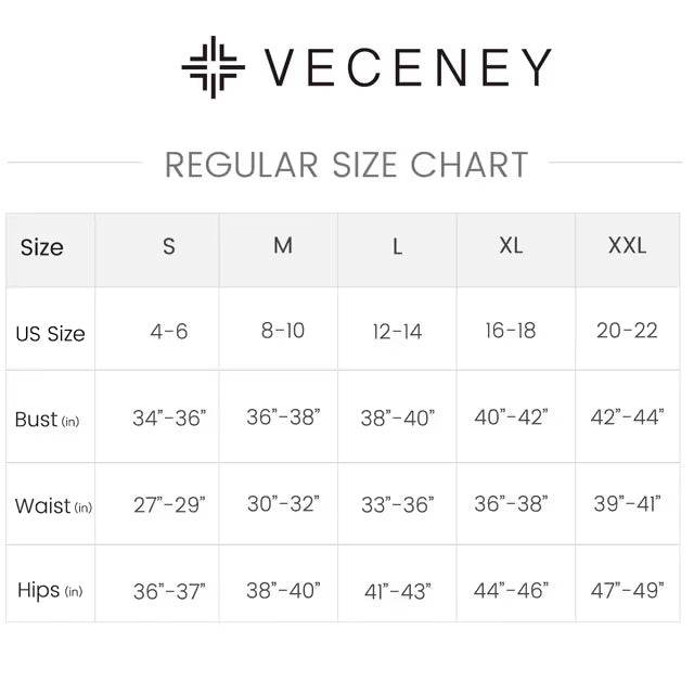 Veceney size chart for clothing with measurements in inches.
