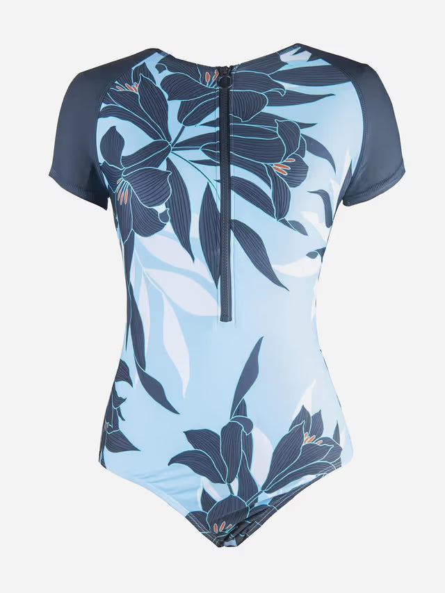 Floral-patterned swimsuit with a zipper on a light blue background