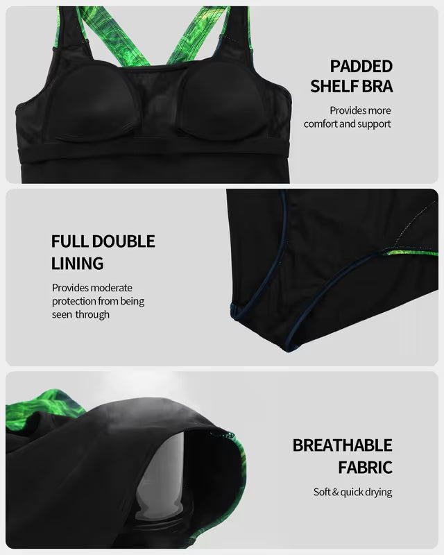 Black bra with green accents on a gray background, featuring text about bra features.