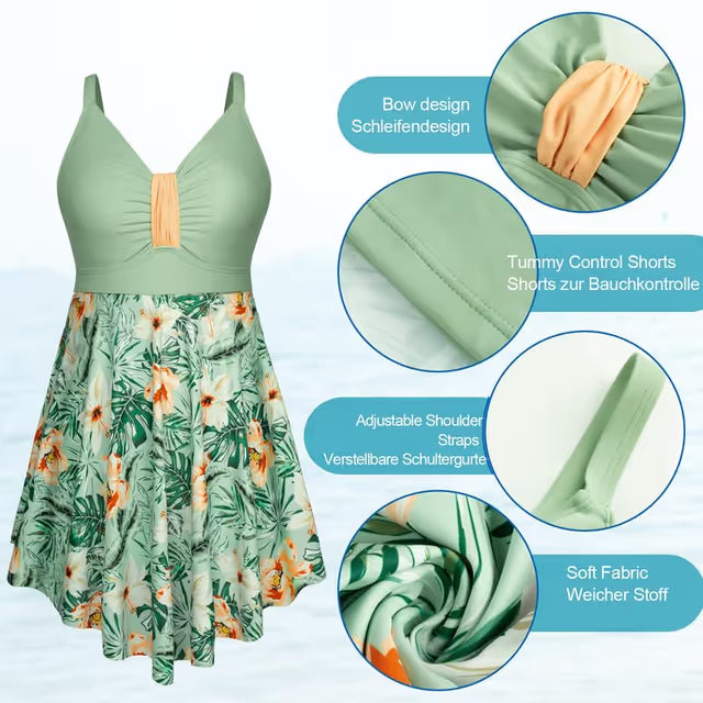 Green swim-dress details on white background