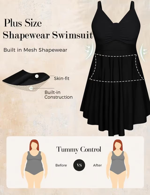 Black swim-dress details on a white background