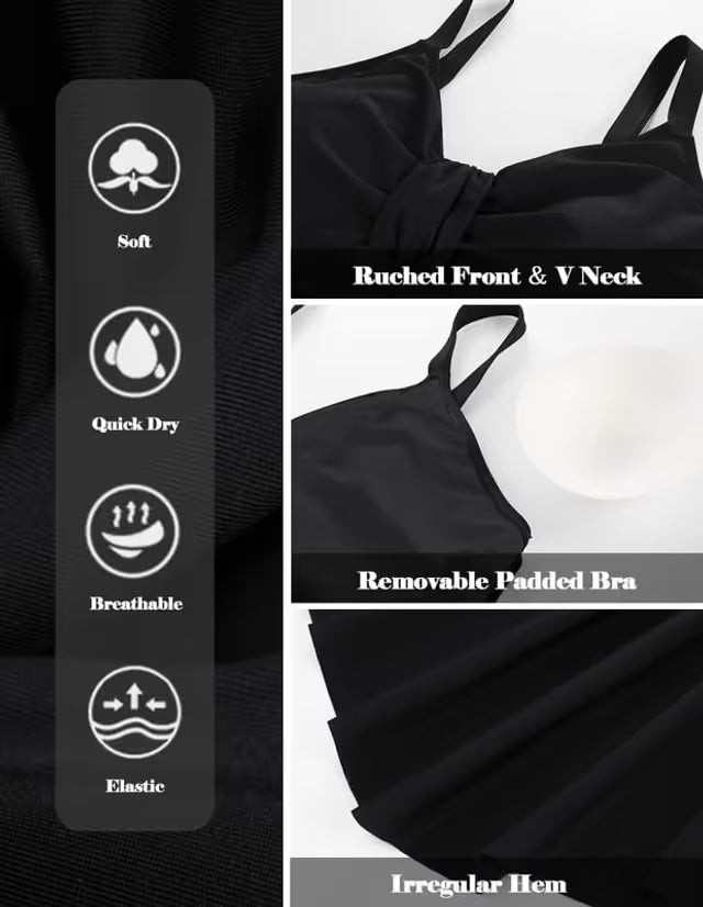 Black swim-dress details on a white background