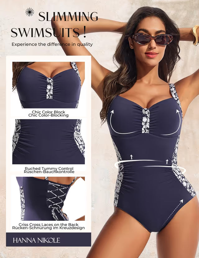 Woman wearing a navy blue swimsuit with white accents, surrounded by product details and branding text.