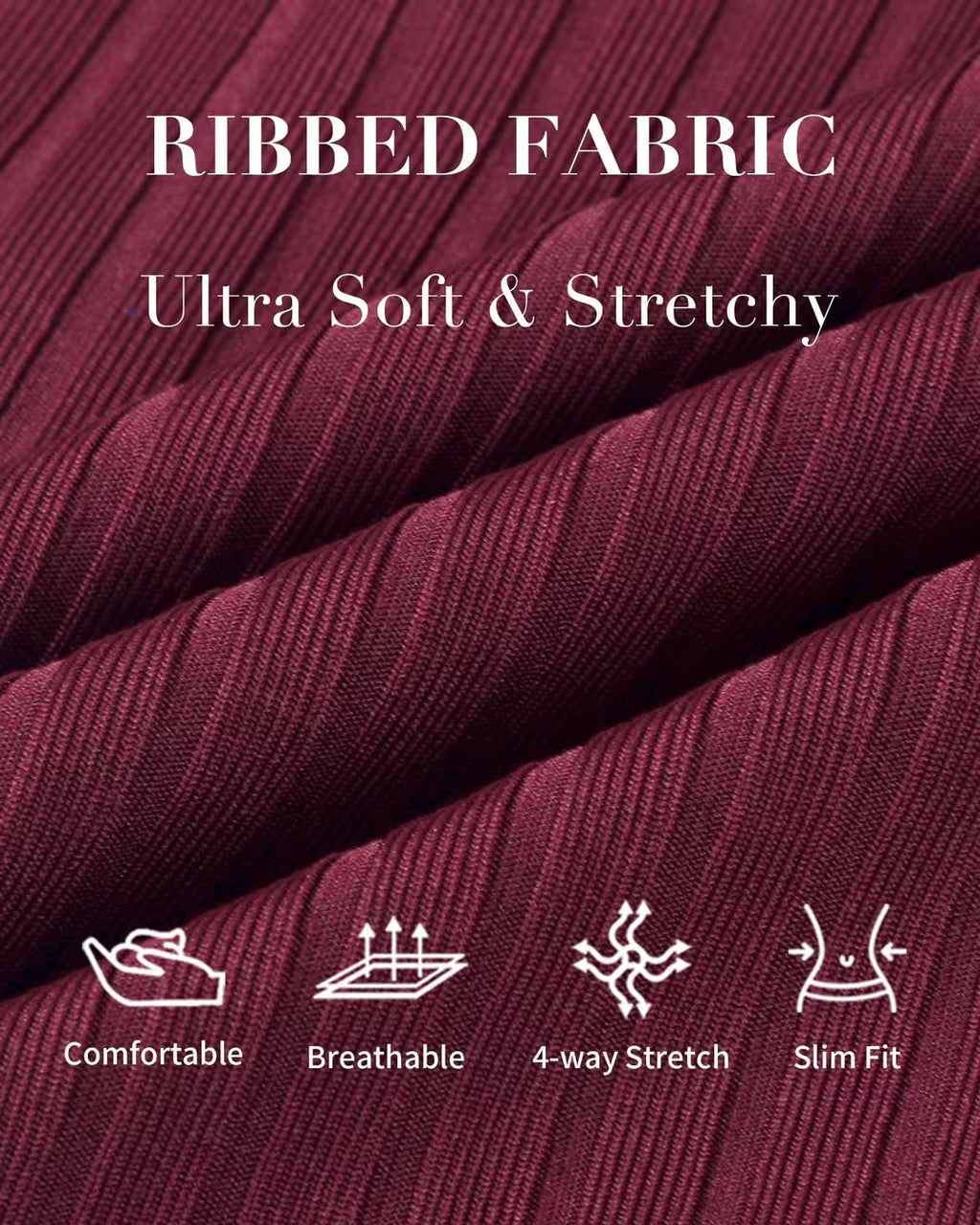 Close-up of ribbed fabric with text and icons indicating features like comfort, breathability, stretchability, and slim fit.