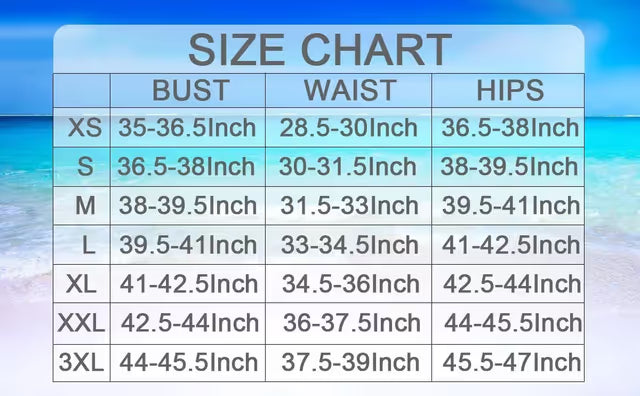 Size chart for clothing with measurements against a scenic background