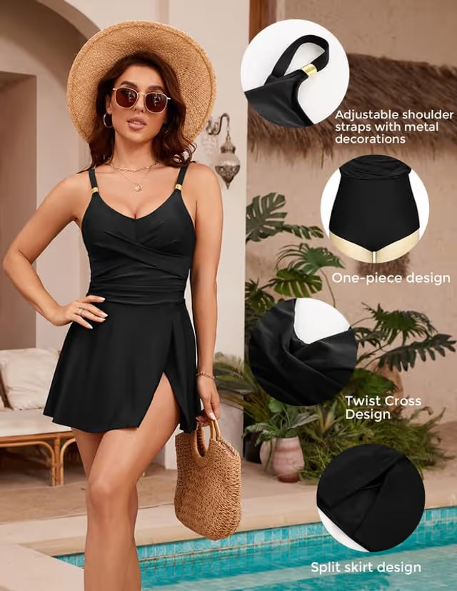 Woman wearing a black one-piece swim-dress with poolside background, showing product details.
