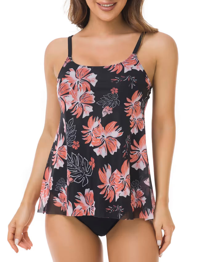 Mesh floral tankini black pink high waist - L