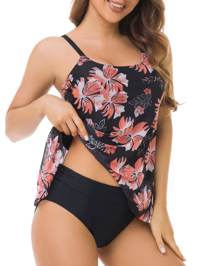 Mesh floral tankini black pink high waist - L