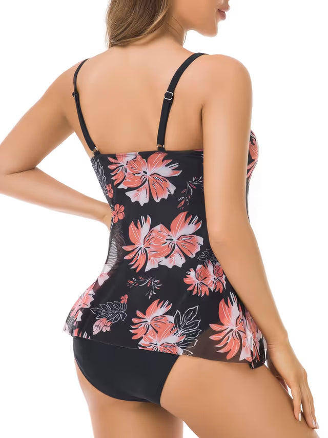 Mesh floral tankini black pink high waist - L