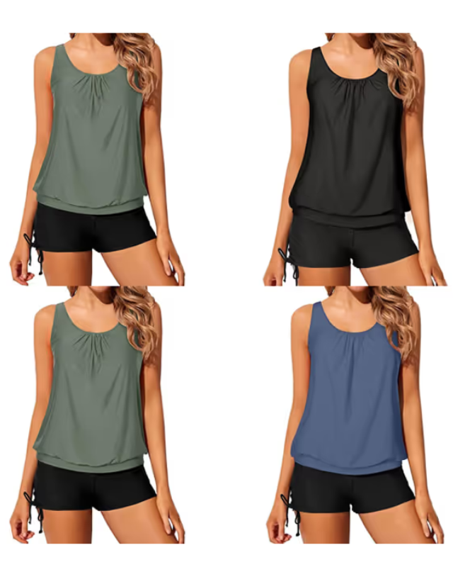 Women in black, blue and green tankinis