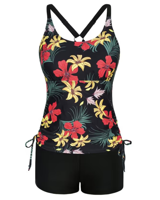 Floral and black tankini on white background
