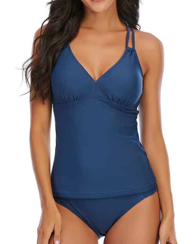 Woman wearing a blue double shoulder strap tankini