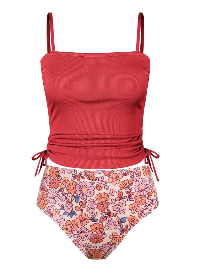 Cupshe ribbed red floral tankini on a white background