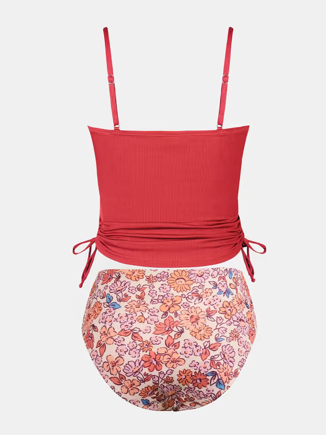 Cupshe ribbed red floral tankini on a white background