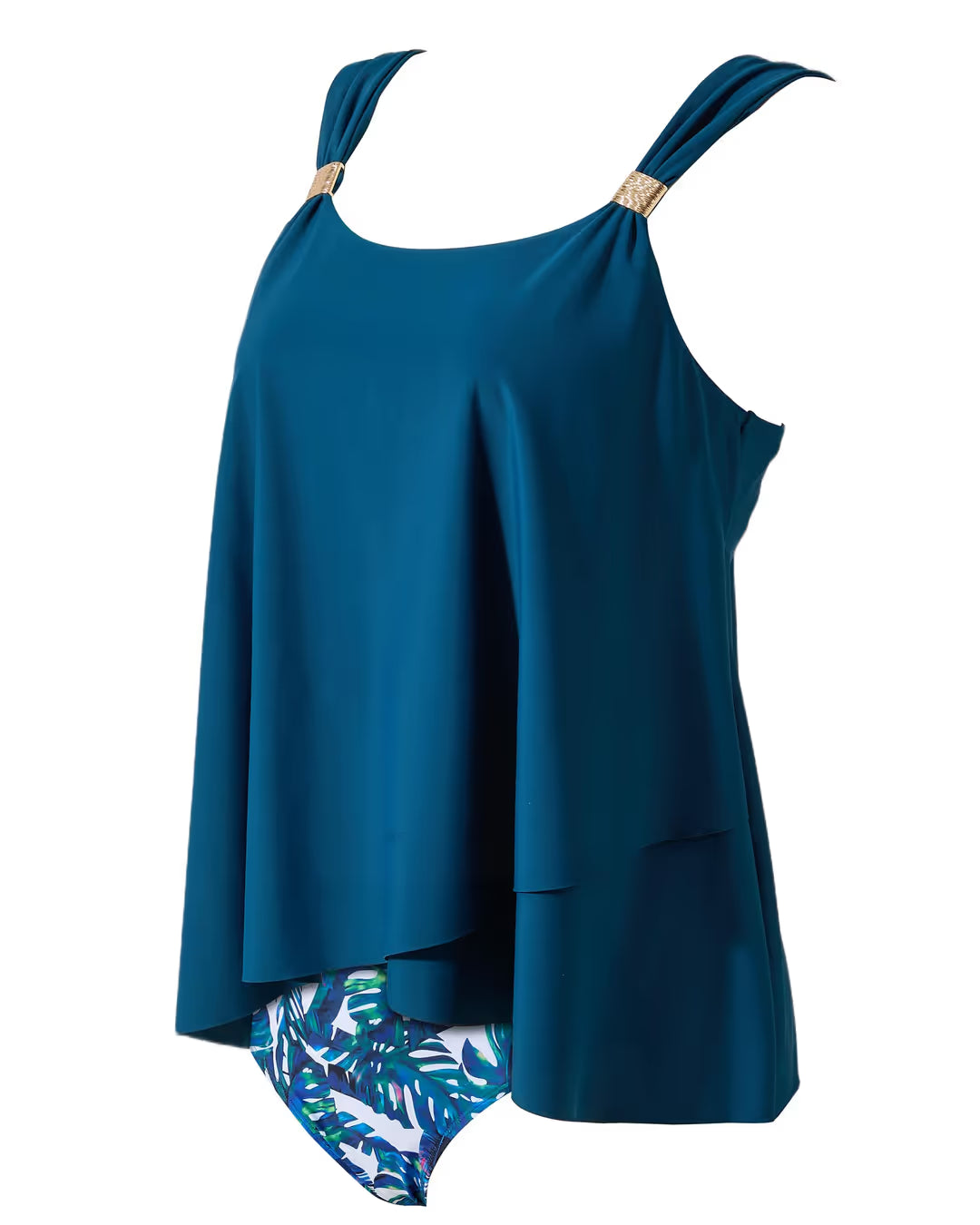 Blue sleeveless top with a tropical leaf patterned bottom on a white background