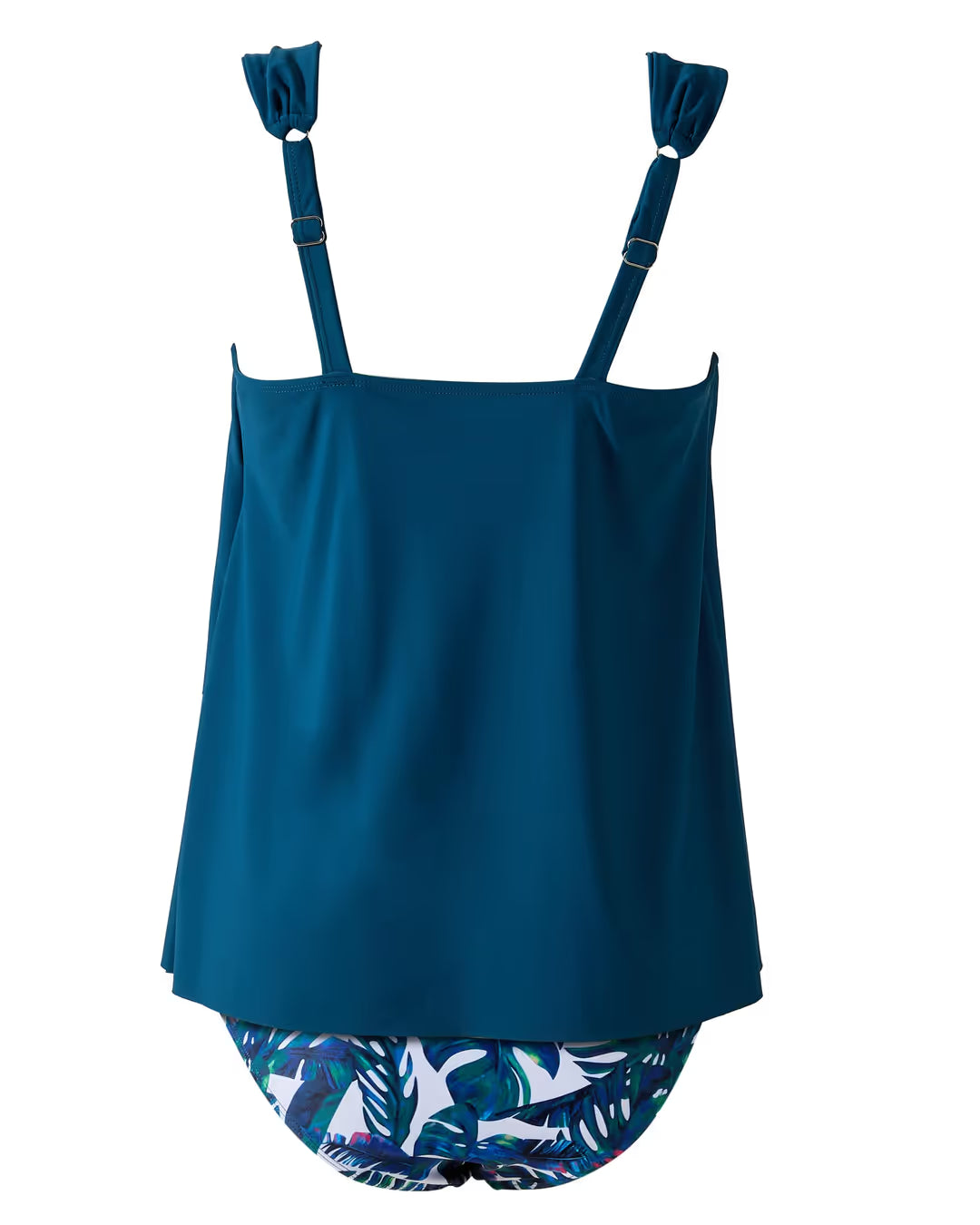 Blue tankini top and leaf-patterned shorts on a white background