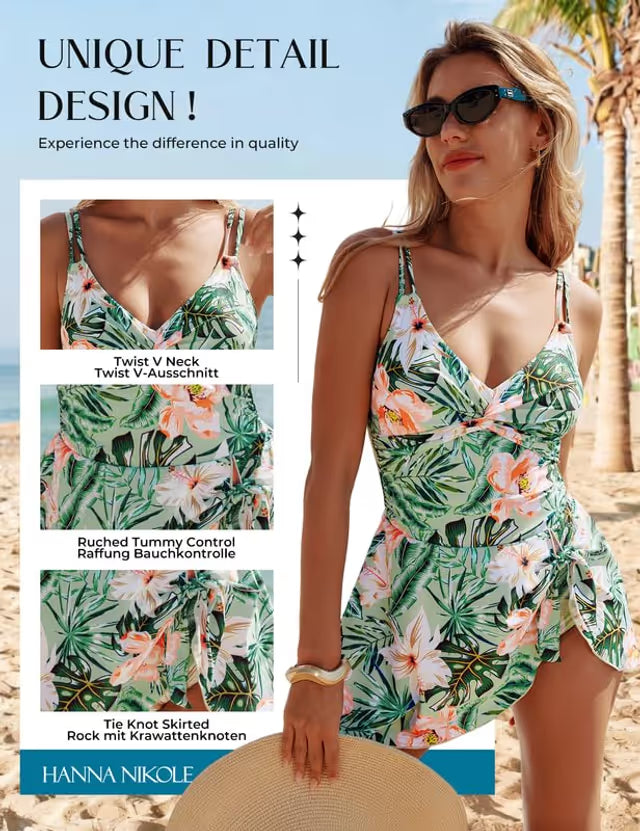 Woman wearing a tropical patterned dress with palm trees in the background