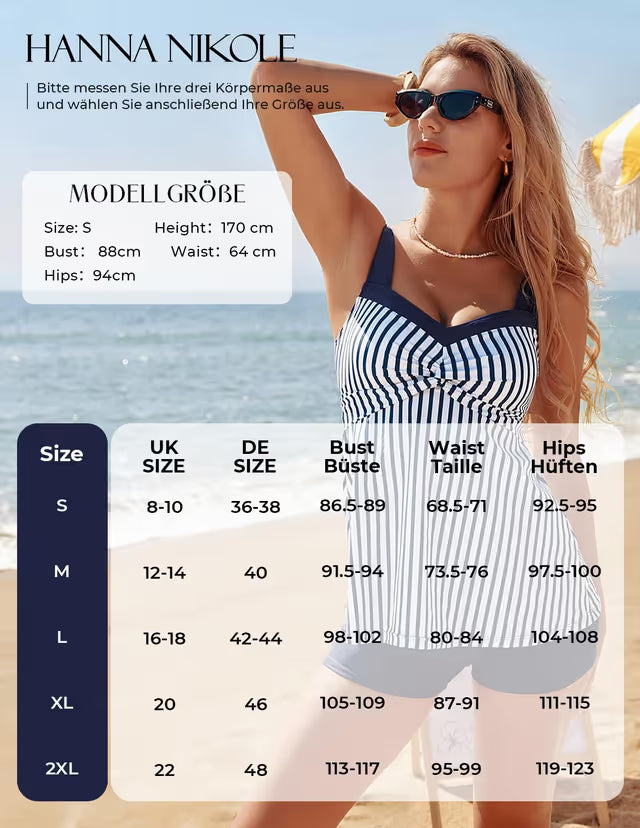 Woman in a striped dress on a beach with size chart overlay