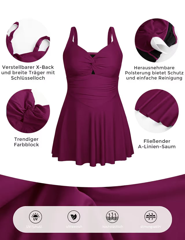 Burgundy swim-dress details on white background