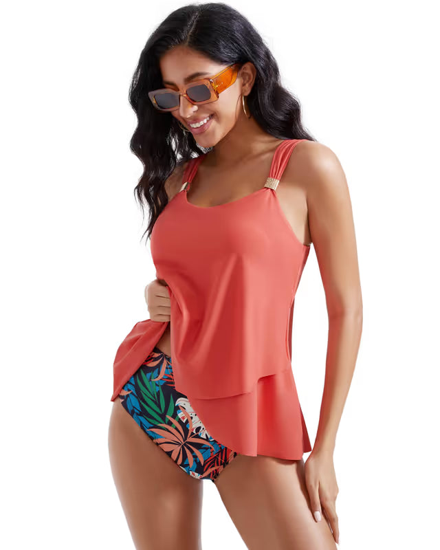 Woman in red tankini on white background