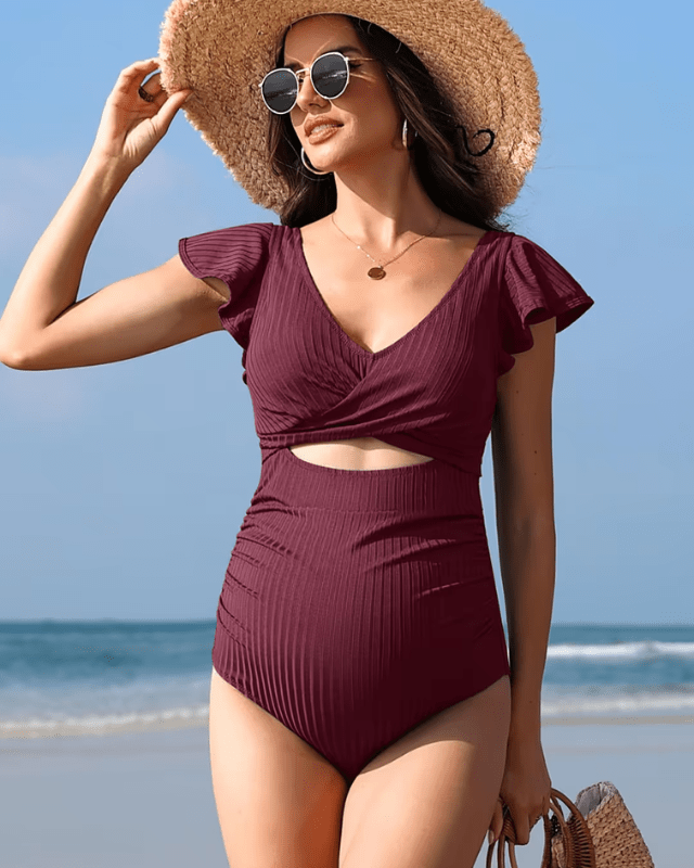 CHARMO ribbed burgundy maternity swimsuit - Small - Pollylop Swimwear