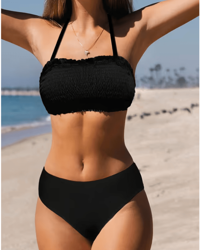 Cupshe black bandeau mid-waist bikini (removable straps) - XL - Pollylop Swimwear