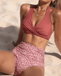 Cupshe halter wrap neck floral red brick bikini - Small - Pollylop Swimwear