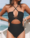 Cupshe plunge neck criss cross black swim-suit - Medium - Pollylop Swimwear