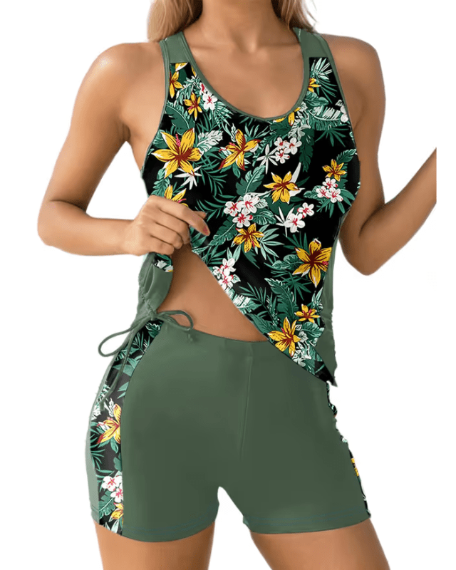 Floral green boy - short tankini - Large - Pollylop Swimwear