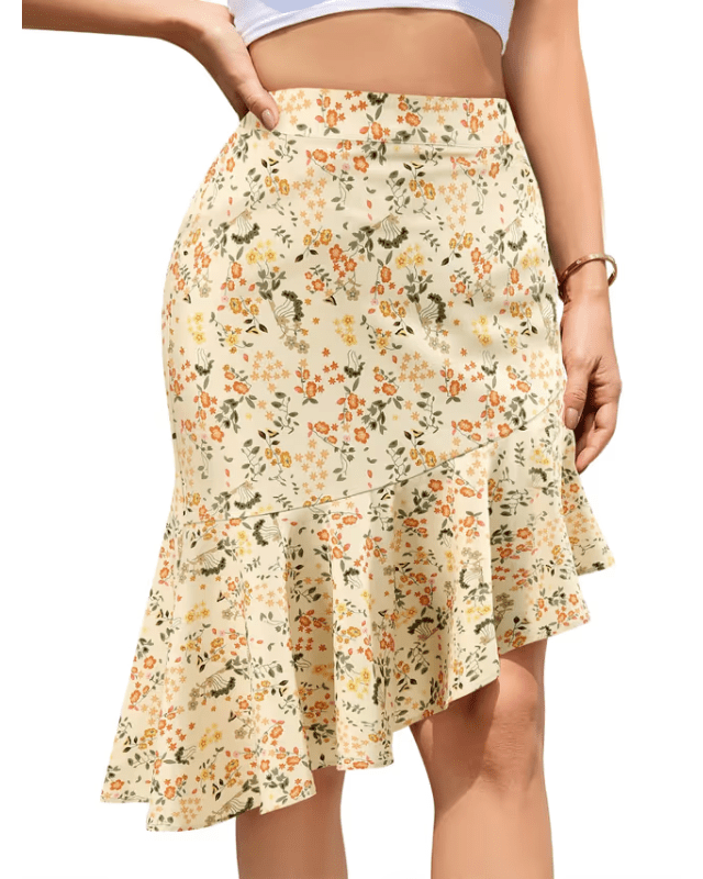 Floral midi high waist ruffle hem skirt - Pollylop Swimwear