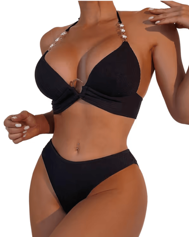 Gorglitter black bikini rhinestone chain halter neck - Medium - Pollylop Swimwear