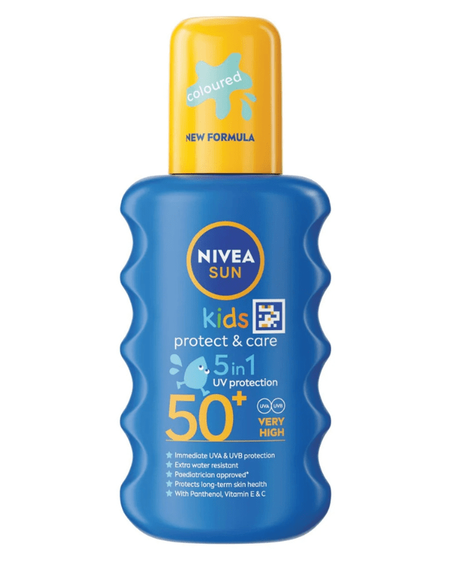 Nivea Sun Kids sun cream spray sunscreen bottle with yellow cap on a white background