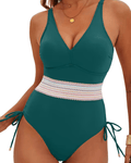 One piece swimsuit embroidery mid - waist green/teal - Pollylop Swimwear