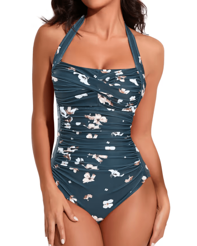 SWISMIVO Vintage Retro Floral Ruched Swim - suit - Medium - Pollylop Swimwear
