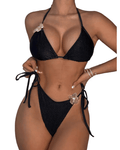 Triangle black bikini halter neck, tie sides, steel broach detail - Large - Pollylop Swimwear
