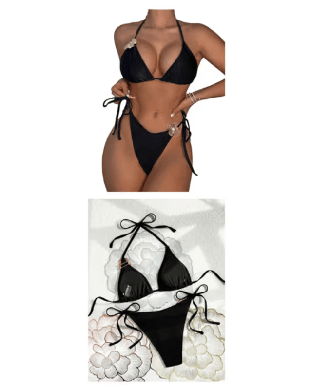 Triangle black bikini halter neck, tie sides, steel broach detail - Large - Pollylop Swimwear