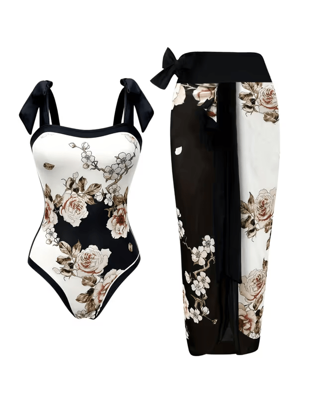 XUMPLO black/white floral swimsuit with matching sarong - Large - Pollylop Swimwear